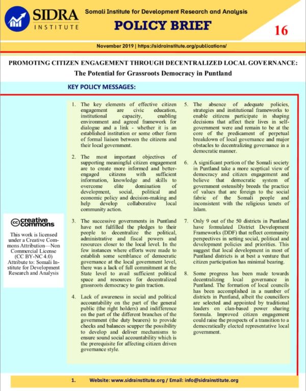 Promoting Citizen Engagement Through Decentralized Local Governance: The Potential for Grassroots Democracy in Puntland